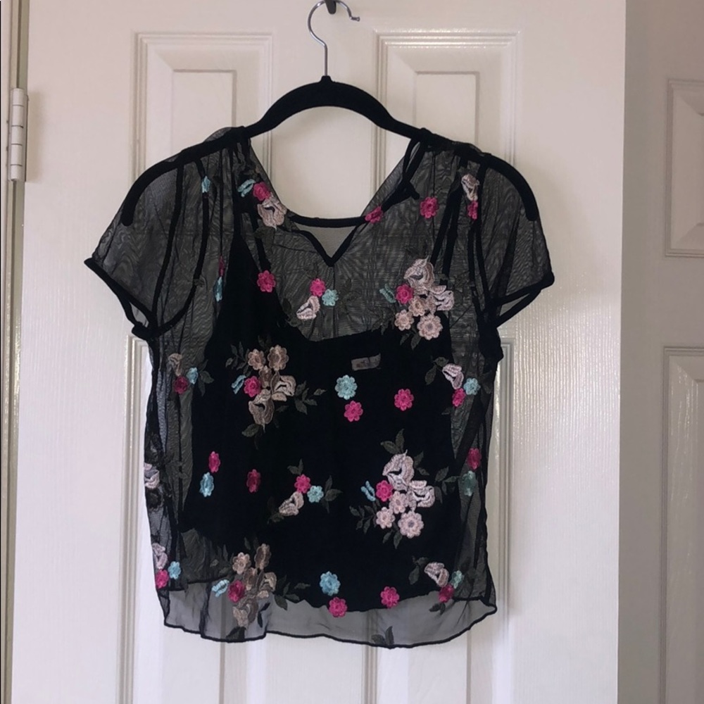 Black cami top with floral over shirt